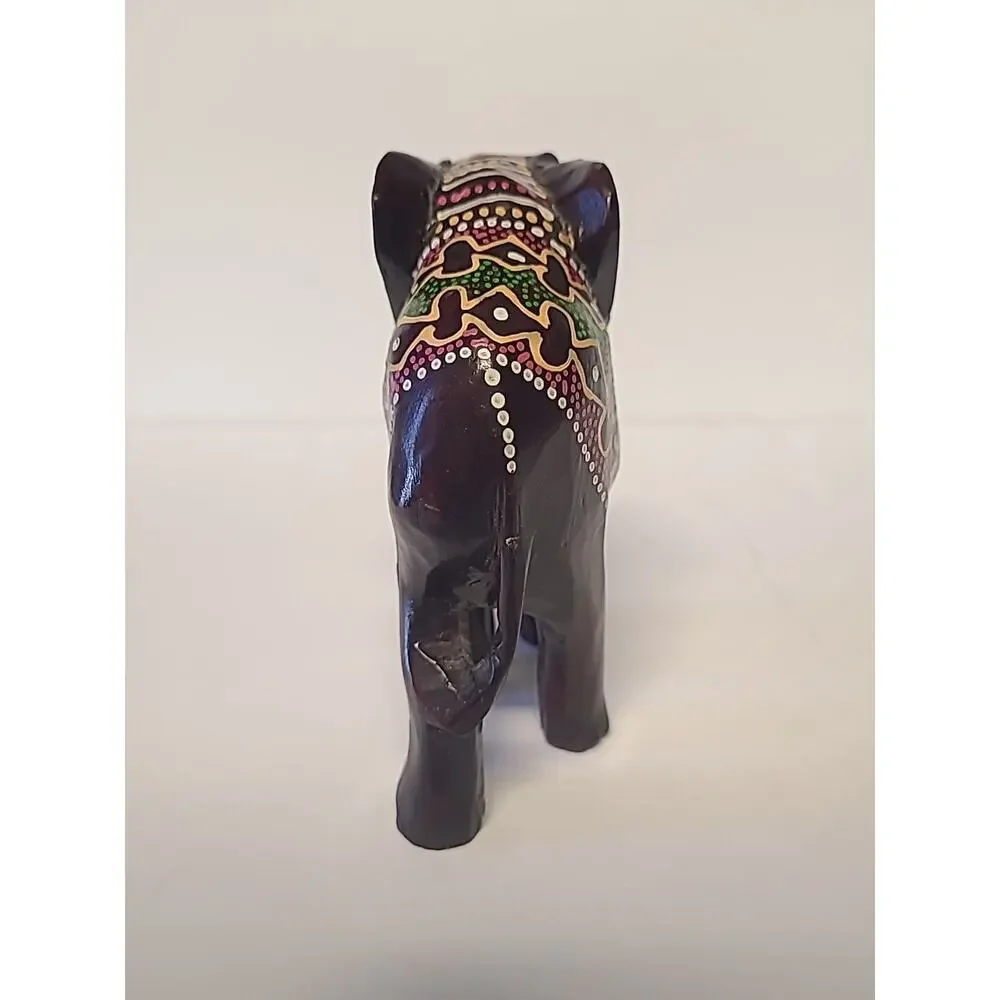 Wooden Indian Painted Elephant Figurine Dark Brown Green Pink Yellow Trunk Down
